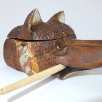 Antique Wooden Treen Swiss Black Forest Fox Inkwell
