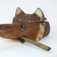 Antique Wooden Treen Swiss Black Forest Fox Inkwell