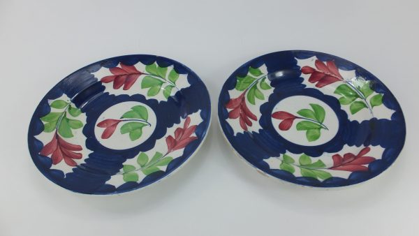 Spongeware Pottery Blue Plates Pair