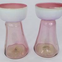 Cranberry Vaseline Stourbridge Glass Hyacinth Bulb Vase Pair