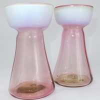 Cranberry Vaseline Stourbridge Glass Hyacinth Bulb Vase Pair
