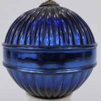 Rare Antique Blue Glass Saturn Ring Ribbed Mercury Christmas Kugel Ornament