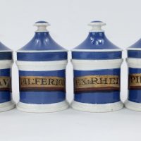 Antique Blue Pottery Drug Jars x 6