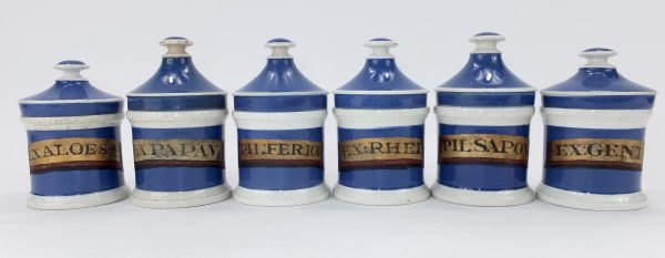 Antique Blue Pottery Drug Jars x 6