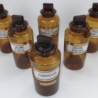 Antique Label under Glass Brown Chemist Bottles x 6