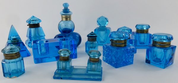 Antique Cut Glass Uranium Blue Inkwell Ink Collection Decorators Concept 1