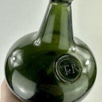 Antique Emerald Green Glass Sealed Onion Wine Bottle