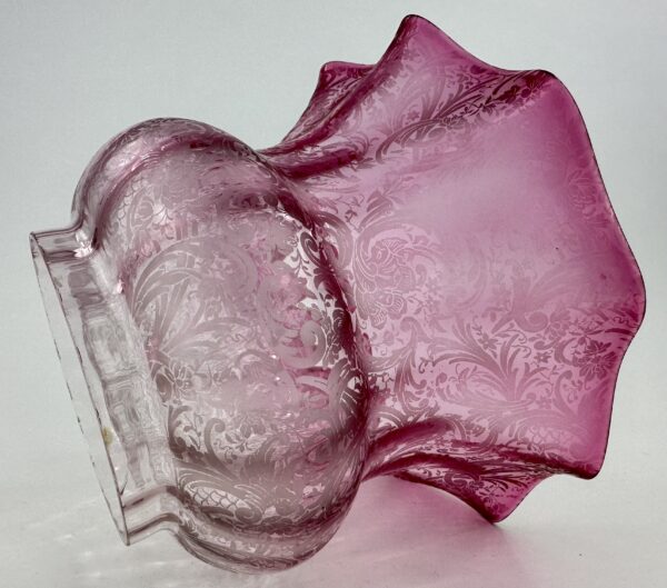 Antique Cranberry Glass Acid Etched Oil Lamp Shade