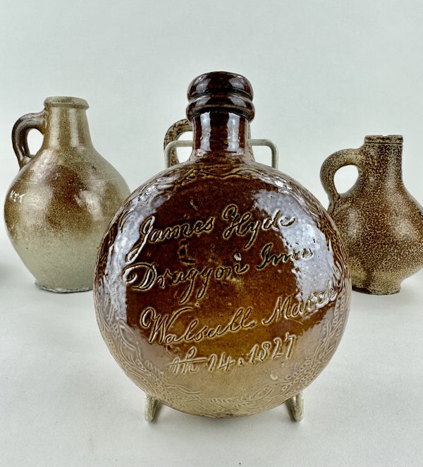 Antique Black Country Saltglaze Stoneware Flask Walsall Dragon Inn 1827