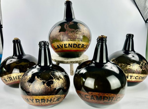 Exceptional Apothecary Chemist Black Glass Bottles
