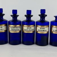 Cobalt Blue Apothecary Bottles Dalbys Godfreys Cordial.