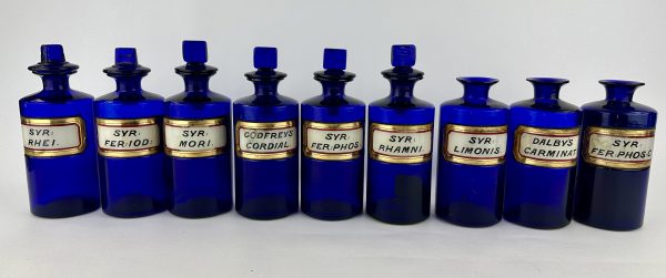 Cobalt Blue Apothecary Bottles Dalbys Godfreys Cordial.