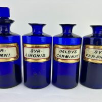 Cobalt Blue Apothecary Bottles Dalbys Godfreys Cordial.
