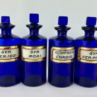 Cobalt Blue Apothecary Bottles Dalbys Godfreys Cordial.