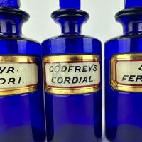 Cobalt Blue Apothecary Bottles Dalbys Godfreys Cordial.
