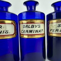 Cobalt Blue Apothecary Bottles Dalbys Godfreys Cordial.