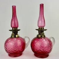 Antique Cranberry Glass Finger Oil Lamp Pair