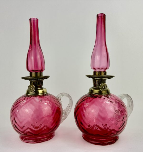 Antique Cranberry Glass Finger Oil Lamp Pair