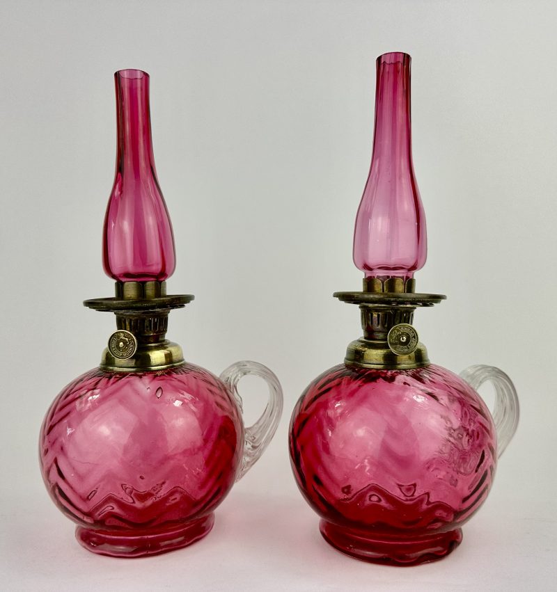 Antique Cranberry Glass Finger Oil Lamp Pair