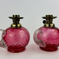 Antique Cranberry Glass Finger Oil Lamp Pair