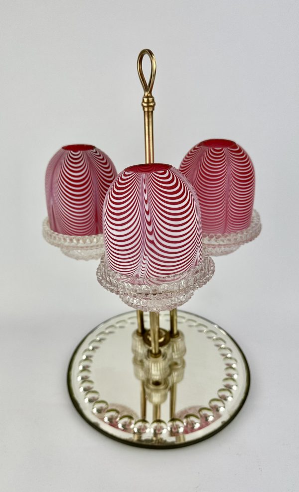 Three Branch Nailsea Glass Verre Moire Fairy Lamp Stand